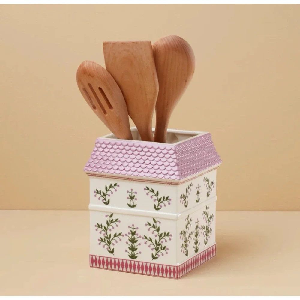 Lenox Spice Village Utensil Holder Porcelain Crock w/Wooden Cooking Spoons NEW